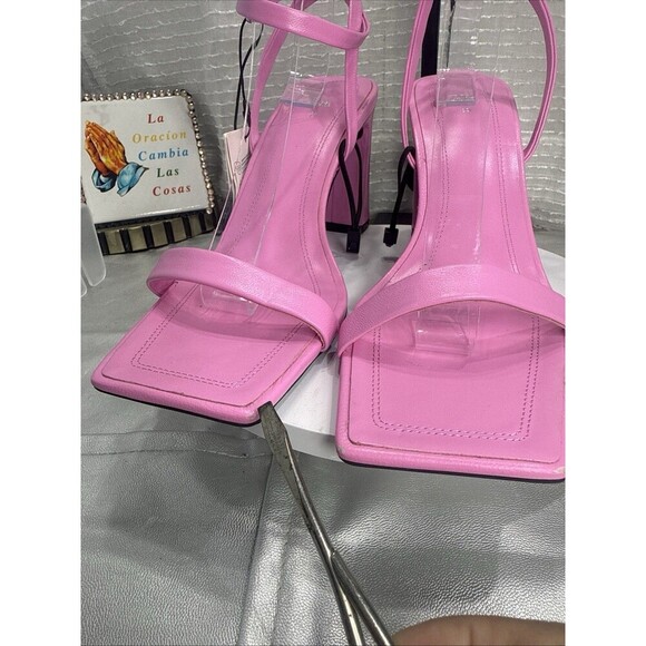 (S1) Zara Womnen's Sandal of Leather Pink Strappy Chunky Heel Size 8 NWT - Picture 6 of 14